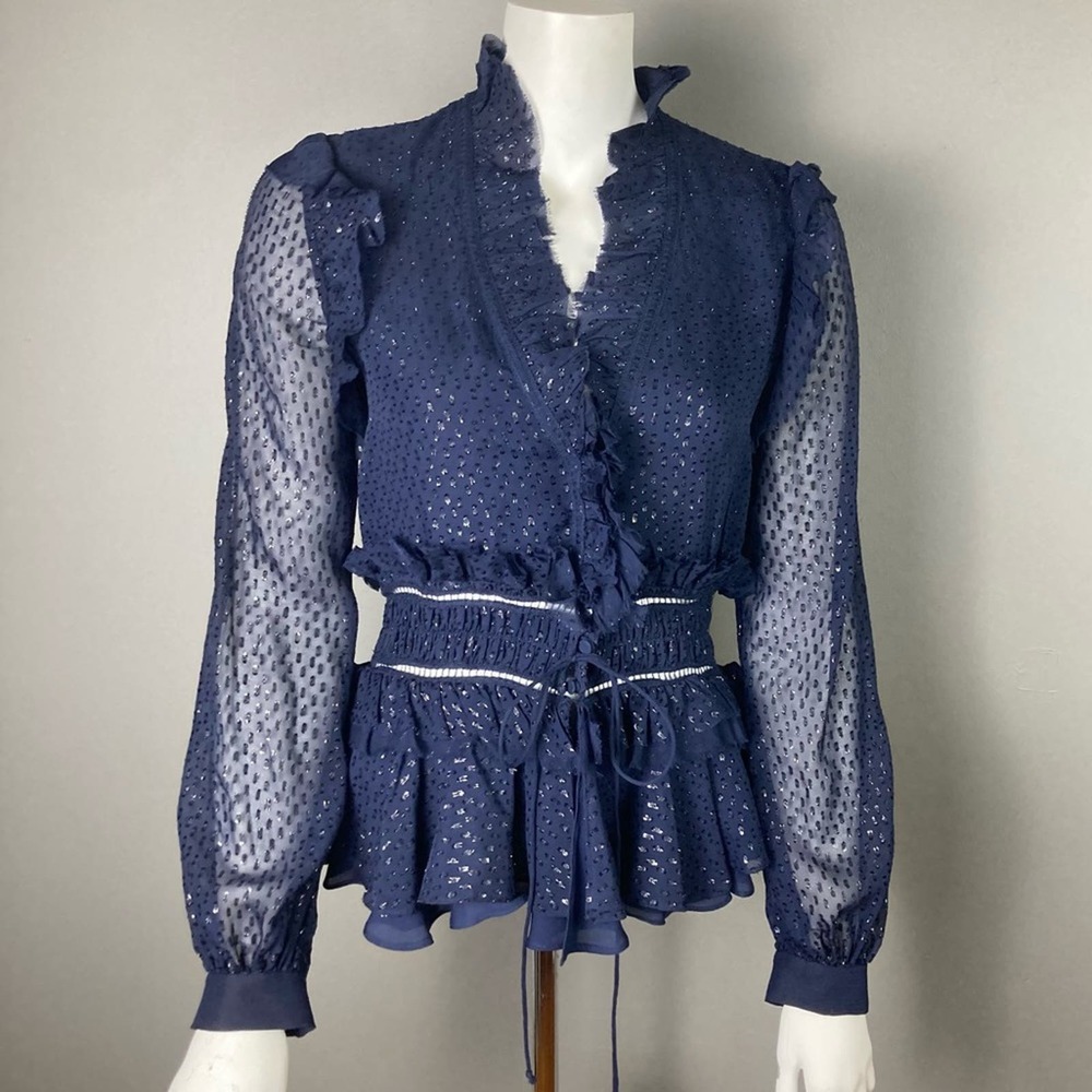 Jonathan Simkhai Blouse Victorian ruffle sheer blue gold extra small